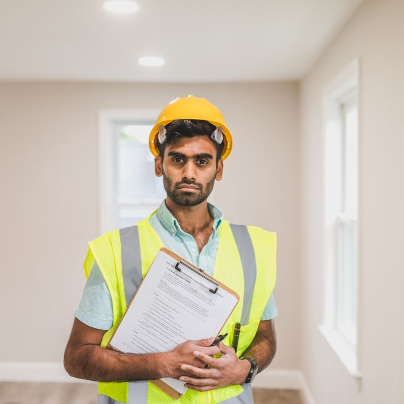 Male building engineer inspecting concrete building structures