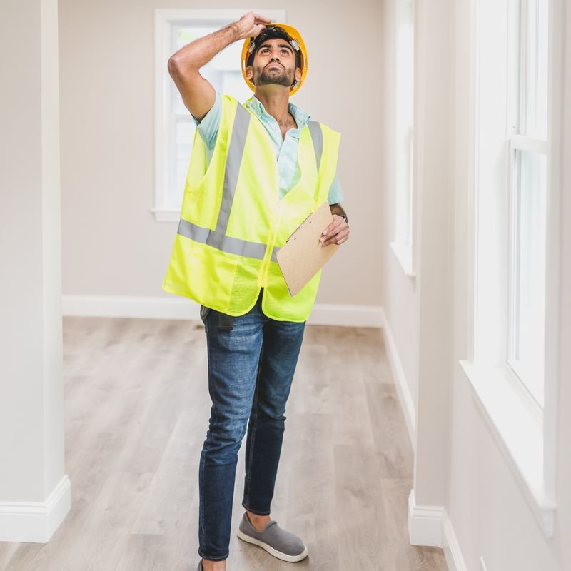 Male building inspector assessing property dilapidation
