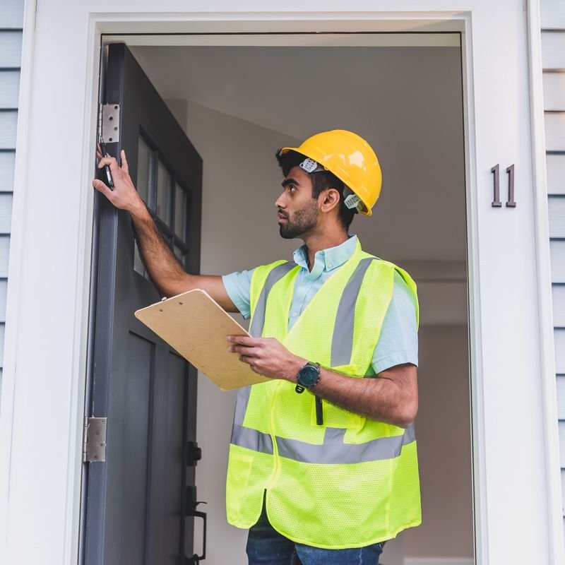Male building engineer surveying construction site boundaries