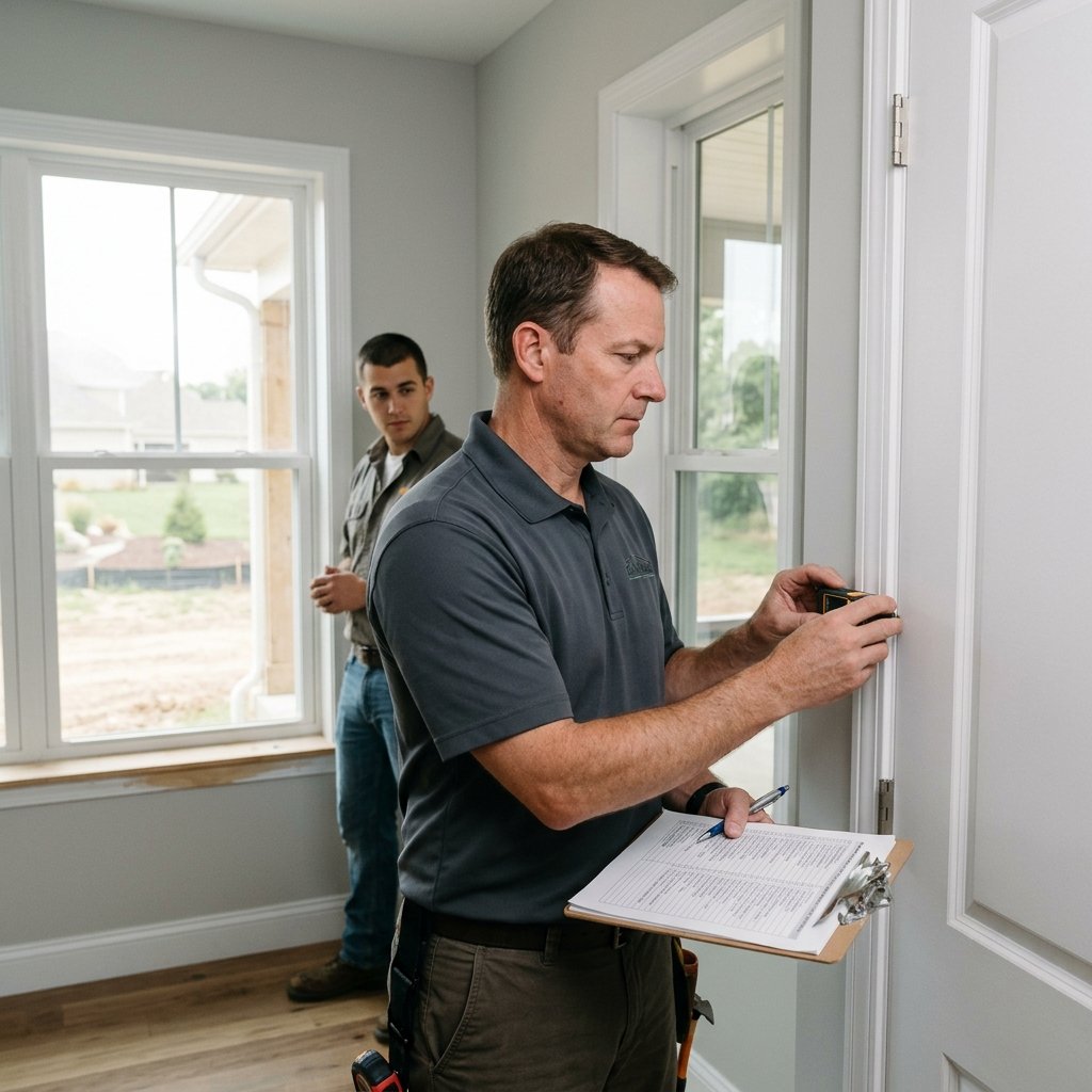 Male inspector reviewing door and workmanship finish inside property