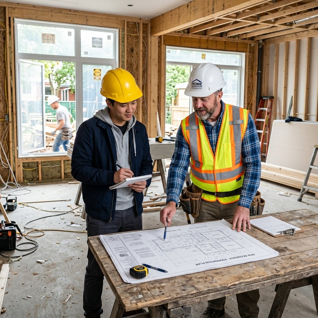Male building inspectors checking structural plans